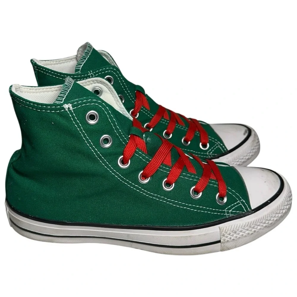 Converse All Star Chuck Taylor’s Sz 8 Green Ho Ho Ho Red Laces High Top Sneakers - Picture 7 of 10